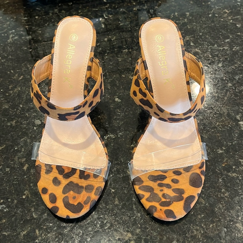 Allegra K leopard heels with clear straps at toes. Size 9. Worn once on carpet.